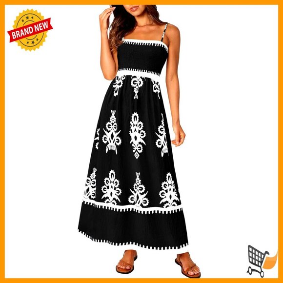 Dresses & Skirts - Floral Maxi Dress with Spaghetti Straps Smocked Bodice Pockets